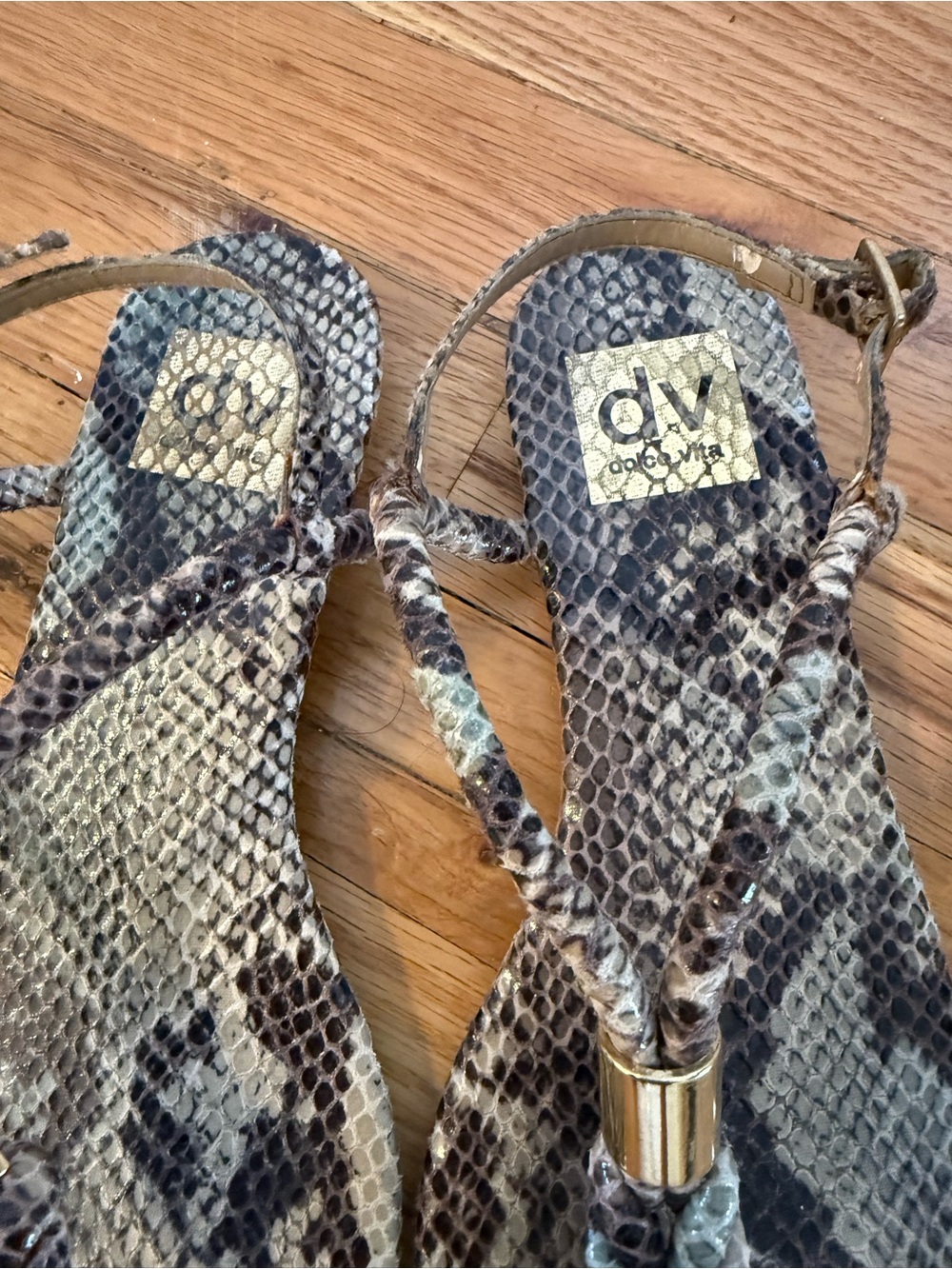 Dolce Vita Snakeskin T-Strap Sandals in Brown and Cream with Gold Accent